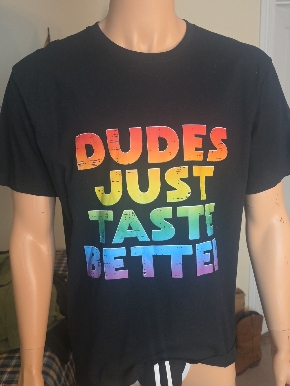 Men’s Black Graphic Tee with Rainbow Text